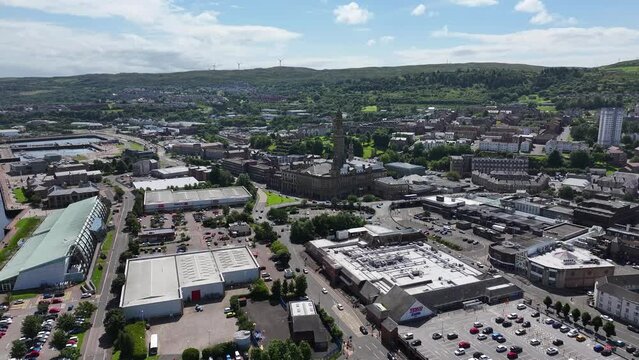 Aerial View, Greenock Town Hall and Cityscape on Sunny Summer Day, Drone Shot 60fps