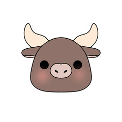 A cartoon cow with a big horn and a cute face. The cow is smiling and has a playful expression