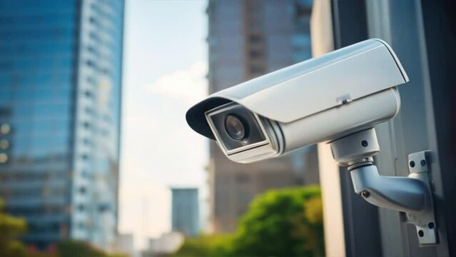 Blue CCTV security camera on a wall for video surveillance and private property protection