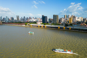 Aerial View of Docks Station and Belem City Skyline and Boat in River