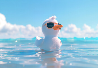 Cute 3D Seagull Bird Sunglasses Floating Blue Ocean Water Sky Background