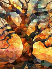 painting of a oak tree in a modern cubism, geometric art, contemporary, and abstract, ideal for wall art, printing design, and artistic poster