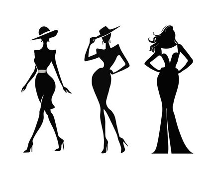 Collection of stylish women silhouettes, elegant and fashionable young females isolated on a white background