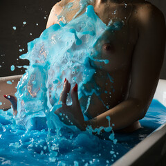 Nude brunette in bath with blue water in the dark