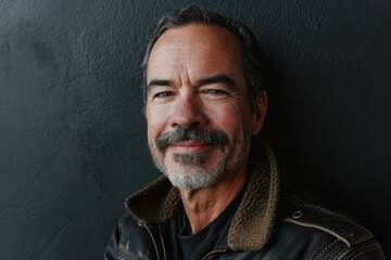 Portrait of a handsome middle-aged man with gray beard and mustache wearing leather jacket and looking at camera