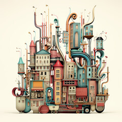 A cityscape with buildings shaped like giant musical instruments - obrazy, fototapety, plakaty