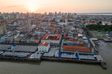 Aerial View of Popular Market Ver o Peso by the River and Belem City Behind on Sunrise