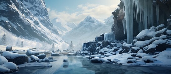 Majestic snowy mountain landscape featuring a flowing river and rocks covered with ice, creating a beautiful winter wonderland scene - obrazy, fototapety, plakaty