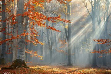 Sun Beams In An Autumn Forest