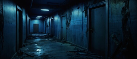 A mysterious hallway illuminated by a single light fixture, lined with several closed doors