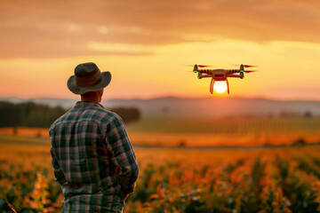Man controlling drone in smart agriculture farm, smart farm concept. ai generative