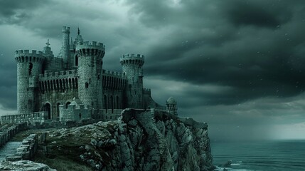 Dragonguarded castle on cliff, stormy skies, medium shot, fortress of legend - obrazy, fototapety, plakaty