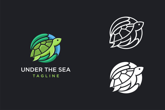 Turtle and coral reef logo vector, sea life logo icon vector template on dark background