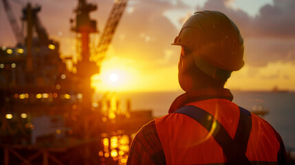 oil worker wearing a new safety helmet standing on offshore platform. ai generative