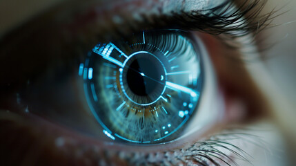biometric digital analysis of iris and pupil of a woman - blue and green eye close up being scanned...