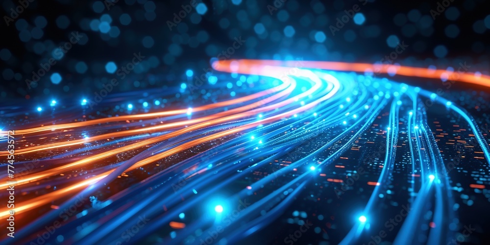 Poster background with the image of information transmission through light data cables. high-speed internet