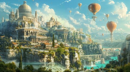 magical fantasy world with the landscape of a paradisiacal city of an ancient civilization, majestic buildings, a river, vegetation, mountains in the background and hot air balloons in the blue sky - obrazy, fototapety, plakaty