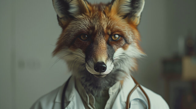 Doctor with a fox head and a white medical coat with stetoscope. Realistic character from a fable with storybook animals, or representation of a veterinarian wildlife