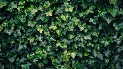 A wall covered in ivy, with lush green leaves cascading down, creating a natural and organic...