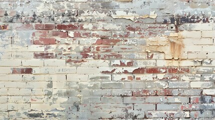 A weathered brick wall with patches of paint peeling off, creating a textured and rustic background.