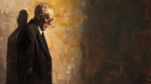 Sad old man, grief, funeral, disappointment, heartbroken, empty space for writing