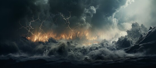 Dark storm clouds over a rough sea, with bolts of lightning flashing in the sky, creating an intense and dramatic atmosphere