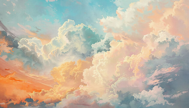 A dreamy cloudscape painted in pastel colors, evoking the light-hearted vibe of a dancehall festival with the sky transitioning from baby pink to light blue