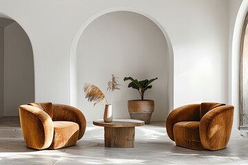 Modern living space with soft curves, velvet rounded armchairs in rich caramel, archway leading to a serene white wall, solitary plant in a rustic pot. simple wooden coffee table. generative AI
