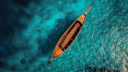 Top view of wooden boat and blue sea.
