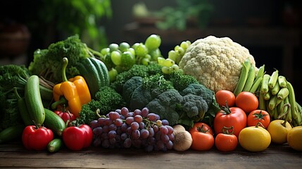 Composition with variety of organic food on wooden table, on dark background