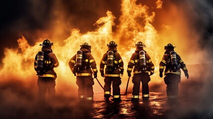 Firefighters fighting a fire in a burning building. Firefighters training