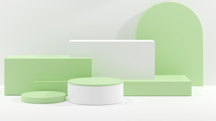 3D rendering abstract white and green shape podium Perfect platforms for showing your beauty products on white background