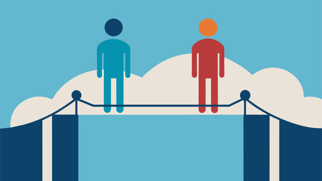 Two figures standing on opposite sides of a bridge with a solid foundation connecting them reflecting the importance of trust as the bridge to