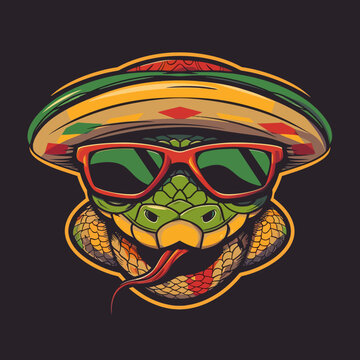 Mascot logo of a snake wearing sombrero hat and sunglasses
