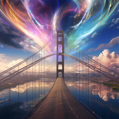 Rainbow bridge connecting two parallel worlds. - obrazy, fototapety, plakaty