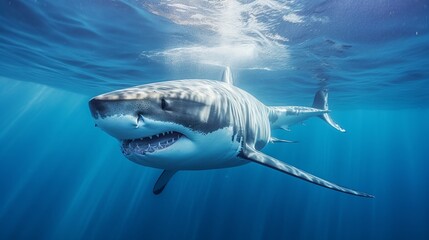 Great White Shark (Carcharodon carcharias) in blue water - obrazy, fototapety, plakaty