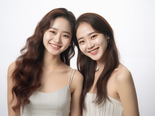 Sisterly Radiance: Two Cheerful Korean Women Embracing
