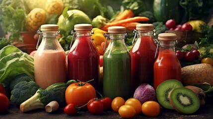 Bottles of fresh fruit and vegetable juices. Detox diet.