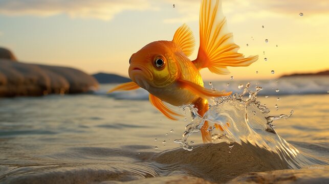 goldfish jumping out of the water at sunset in the sea.