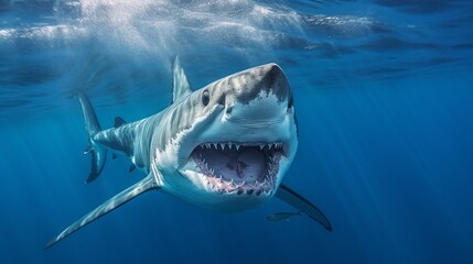 Great White Shark (Carcharodon carcharias) in blue water