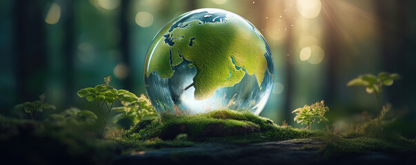 Tree and earth map growth inside globe glass, blurred bokeh nature background. Environment day, save clean planet, ecology concept design.