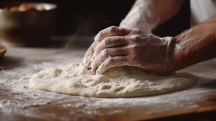 Male hands kneading dough on wooden table in kitchen, closeup - obrazy, fototapety, plakaty