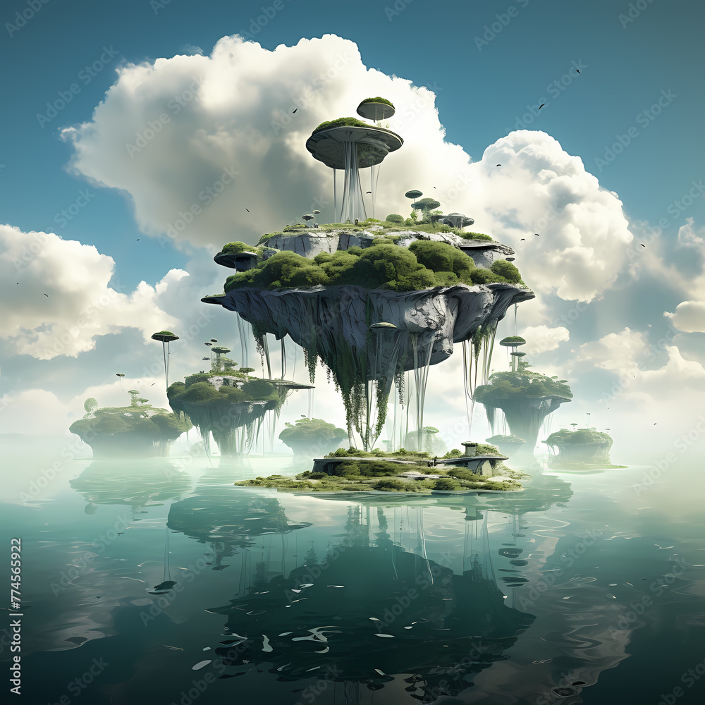 Wall mural Surreal landscape with floating islands.