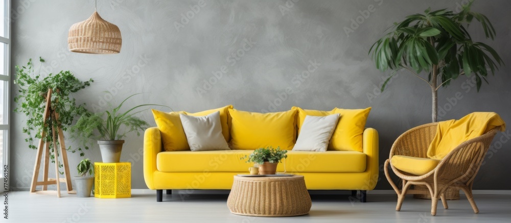 Wall mural a comfortable living space featuring a vibrant yellow couch and matching chair, complemented by a lu