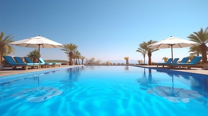 Fototapeta na wymiar Swimming pool with sunbeds and umbrellas.