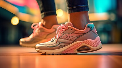 Close up of woman's legs in sneakers on the floor - obrazy, fototapety, plakaty
