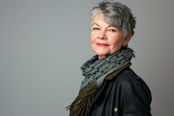 Portrait of a beautiful senior woman in a leather jacket and scarf