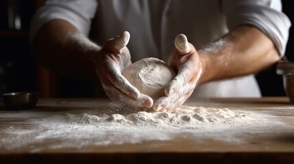Male hands kneading dough on wooden table in kitchen, closeup - obrazy, fototapety, plakaty
