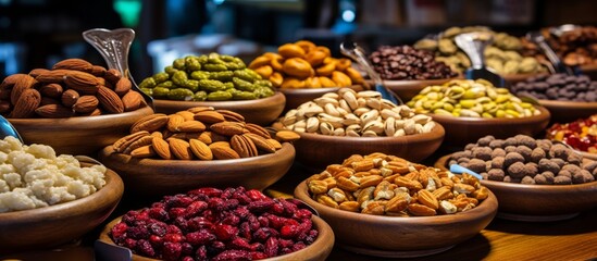 A collection of different types of nuts including almonds, walnuts, and cashews arranged in small wooden bowls - obrazy, fototapety, plakaty