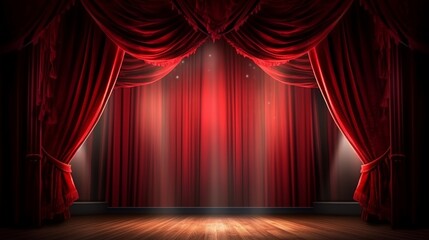 Red theater curtain with spotlights and wooden floor - obrazy, fototapety, plakaty